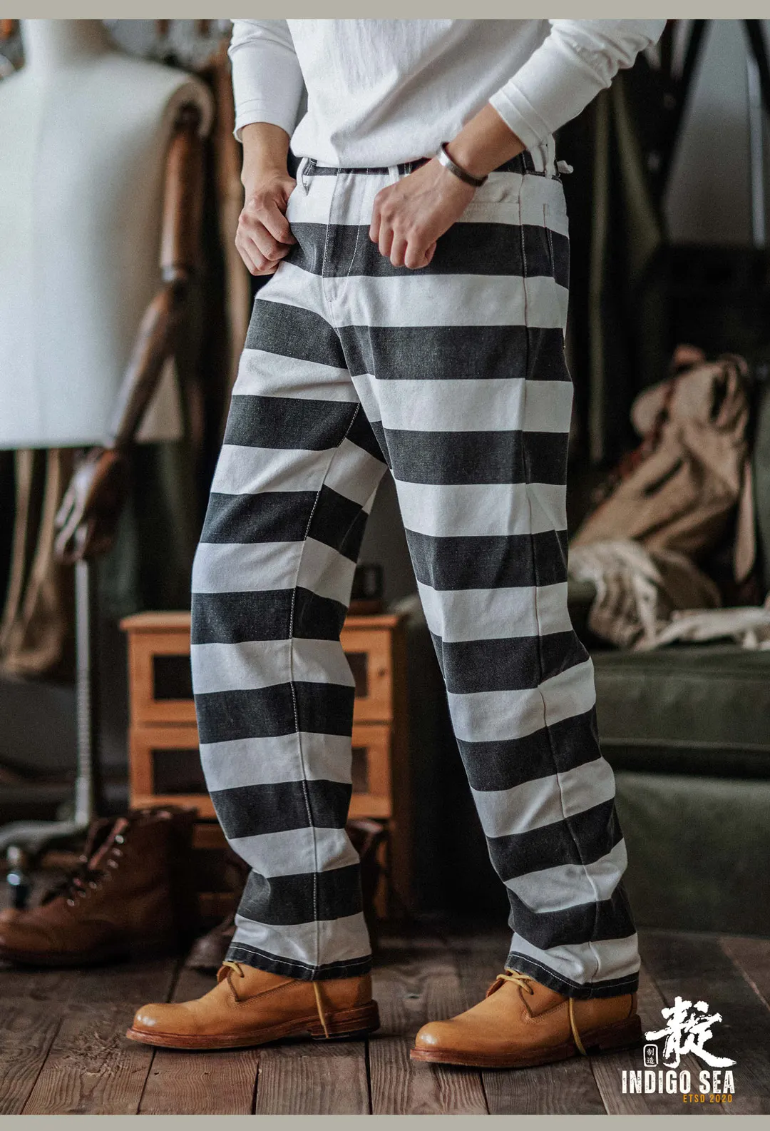 2025 Autumn New American Retro Heavyweight Canvas Black White Stripes Men's Motorcycle Pants Straight Washed Cargo Trousers
