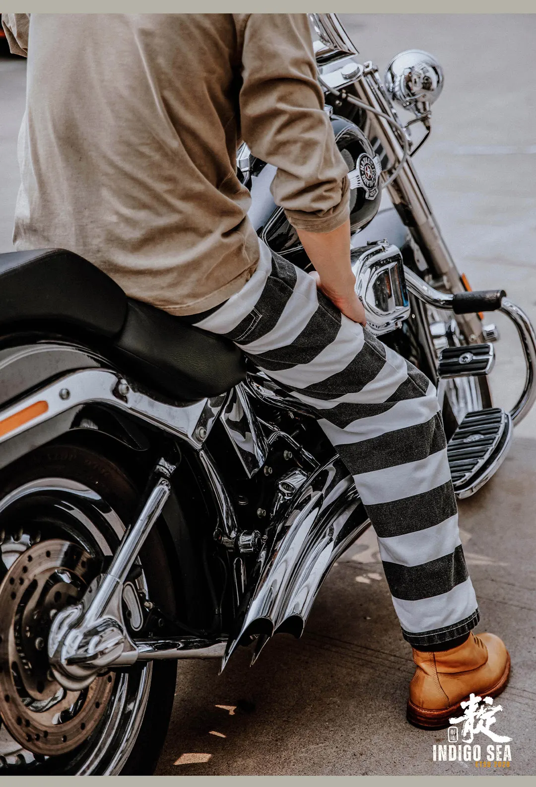 2025 Autumn New American Retro Heavyweight Canvas Black White Stripes Men's Motorcycle Pants Straight Washed Cargo Trousers