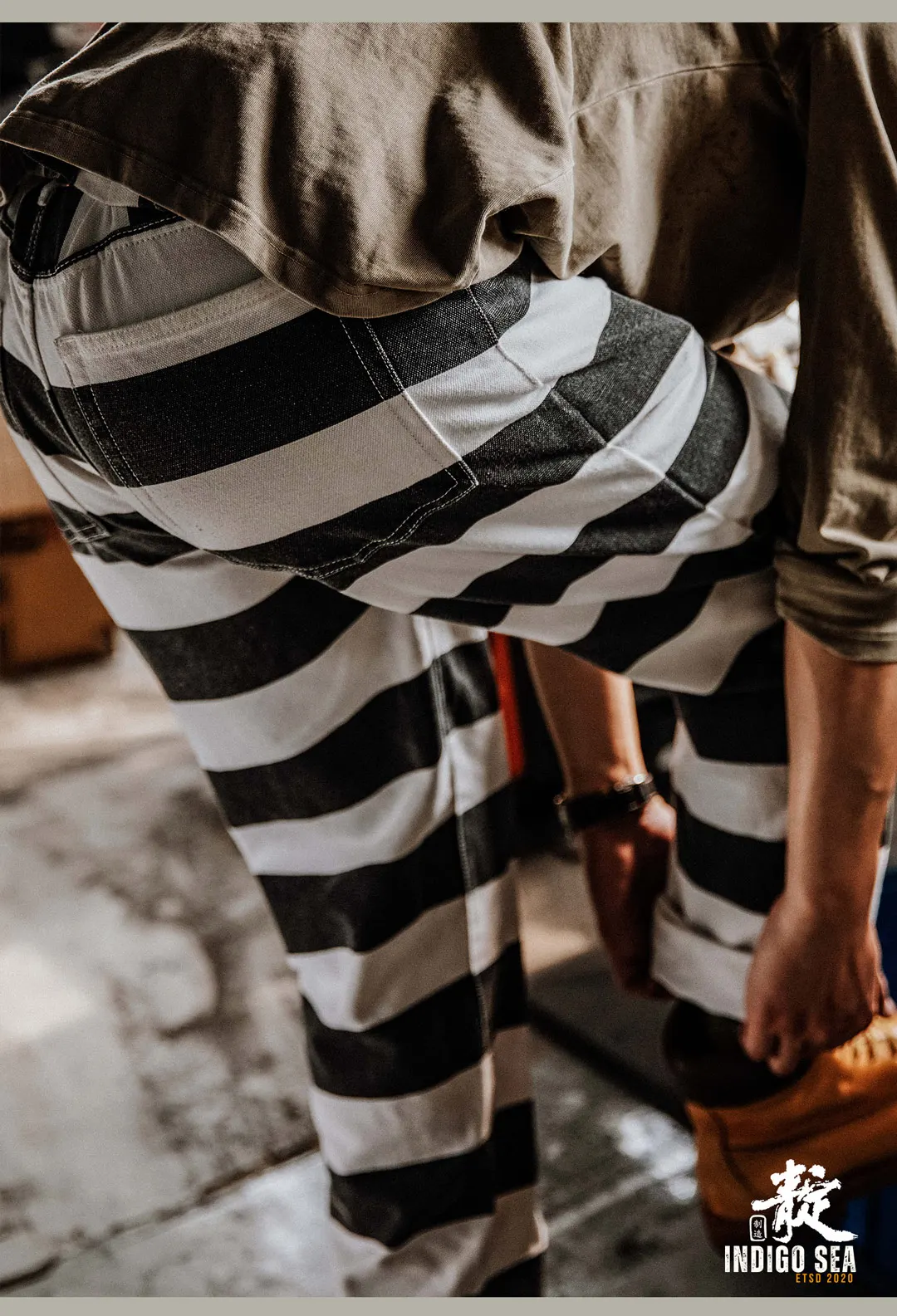 2025 Autumn New American Retro Heavyweight Canvas Black White Stripes Men's Motorcycle Pants Straight Washed Cargo Trousers