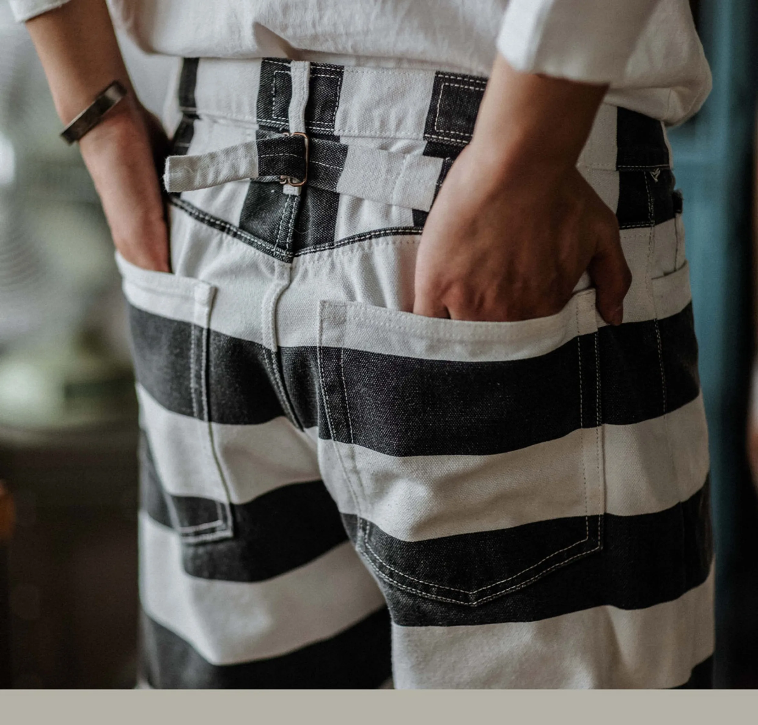 2025 Autumn New American Retro Heavyweight Canvas Black White Stripes Men's Motorcycle Pants Straight Washed Cargo Trousers