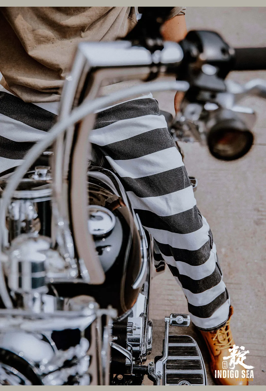 2025 Autumn New American Retro Heavyweight Canvas Black White Stripes Men's Motorcycle Pants Straight Washed Cargo Trousers