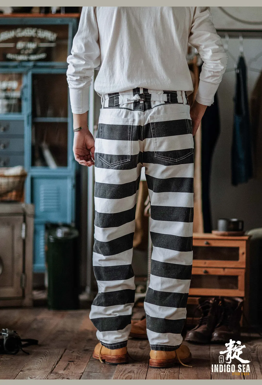 2025 Autumn New American Retro Heavyweight Canvas Black White Stripes Men's Motorcycle Pants Straight Washed Cargo Trousers