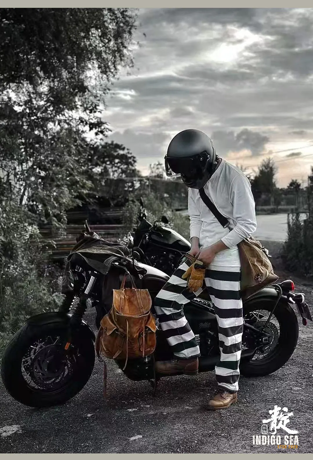 2025 Autumn New American Retro Heavyweight Canvas Black White Stripes Men's Motorcycle Pants Straight Washed Cargo Trousers
