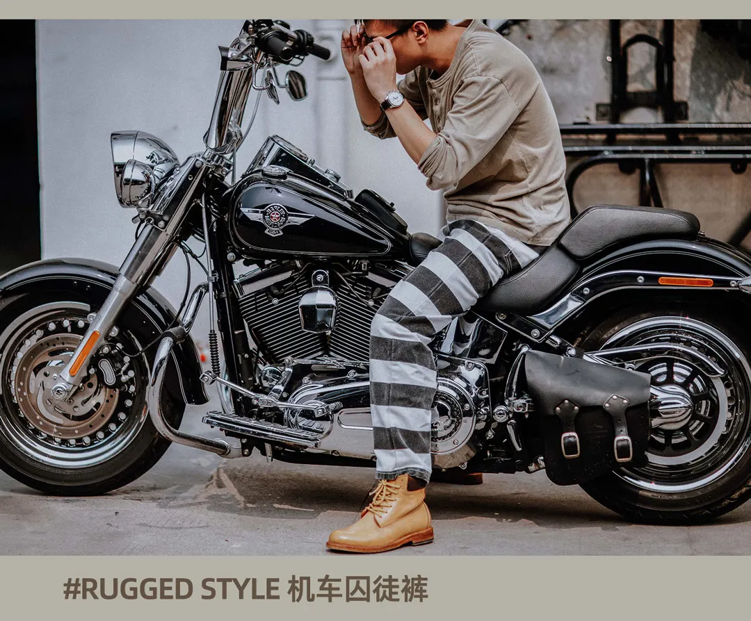 2025 Autumn New American Retro Heavyweight Canvas Black White Stripes Men's Motorcycle Pants Straight Washed Cargo Trousers