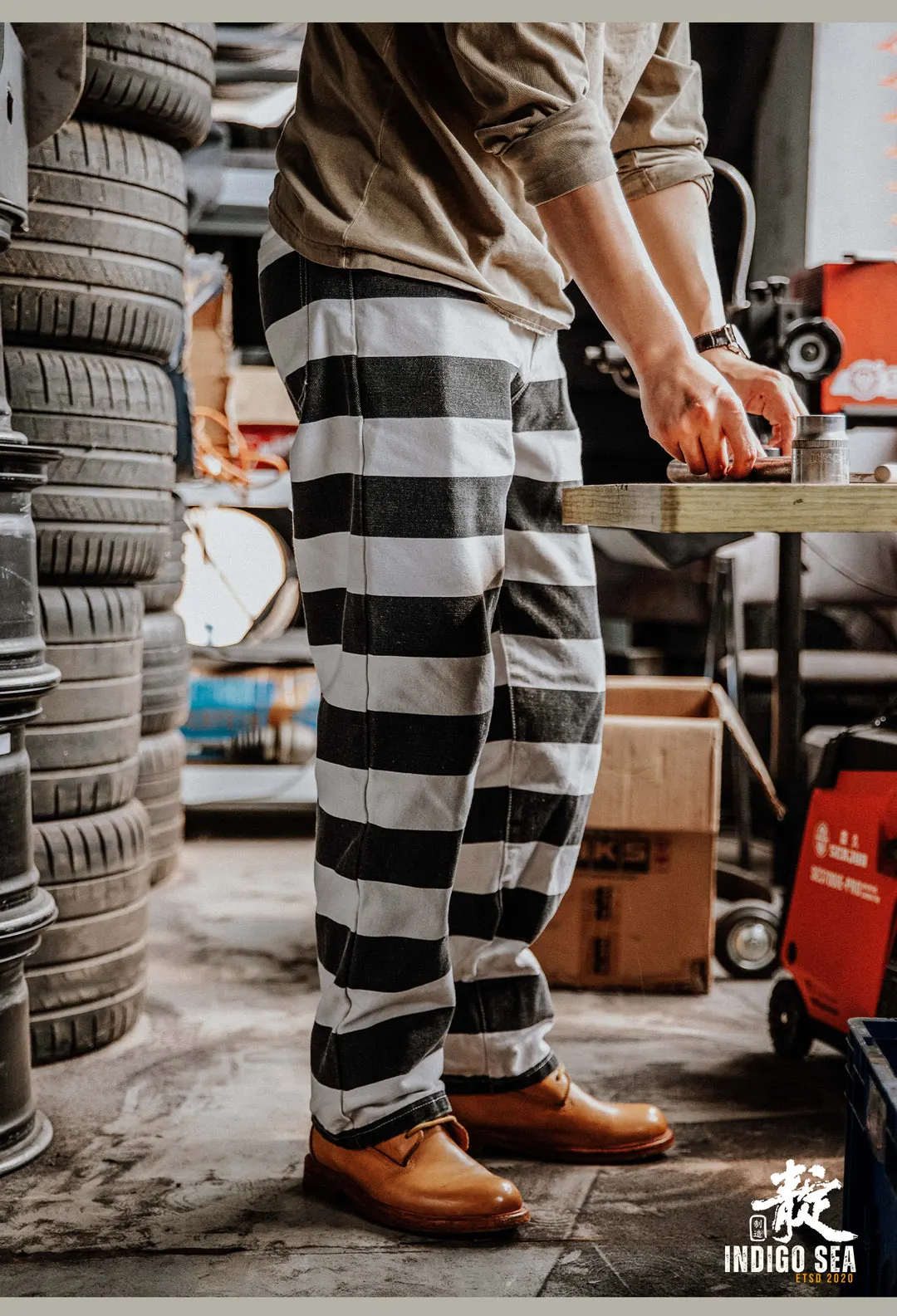 2025 Autumn New American Retro Heavyweight Canvas Black White Stripes Men's Motorcycle Pants Straight Washed Cargo Trousers