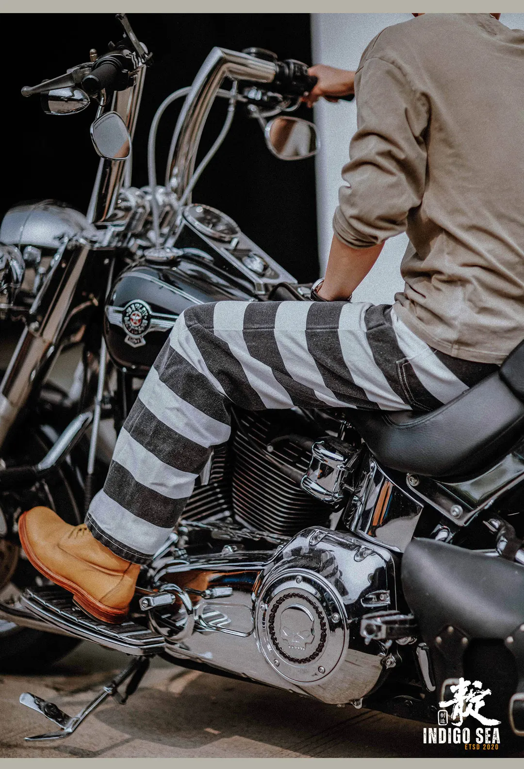 2025 Autumn New American Retro Heavyweight Canvas Black White Stripes Men's Motorcycle Pants Straight Washed Cargo Trousers