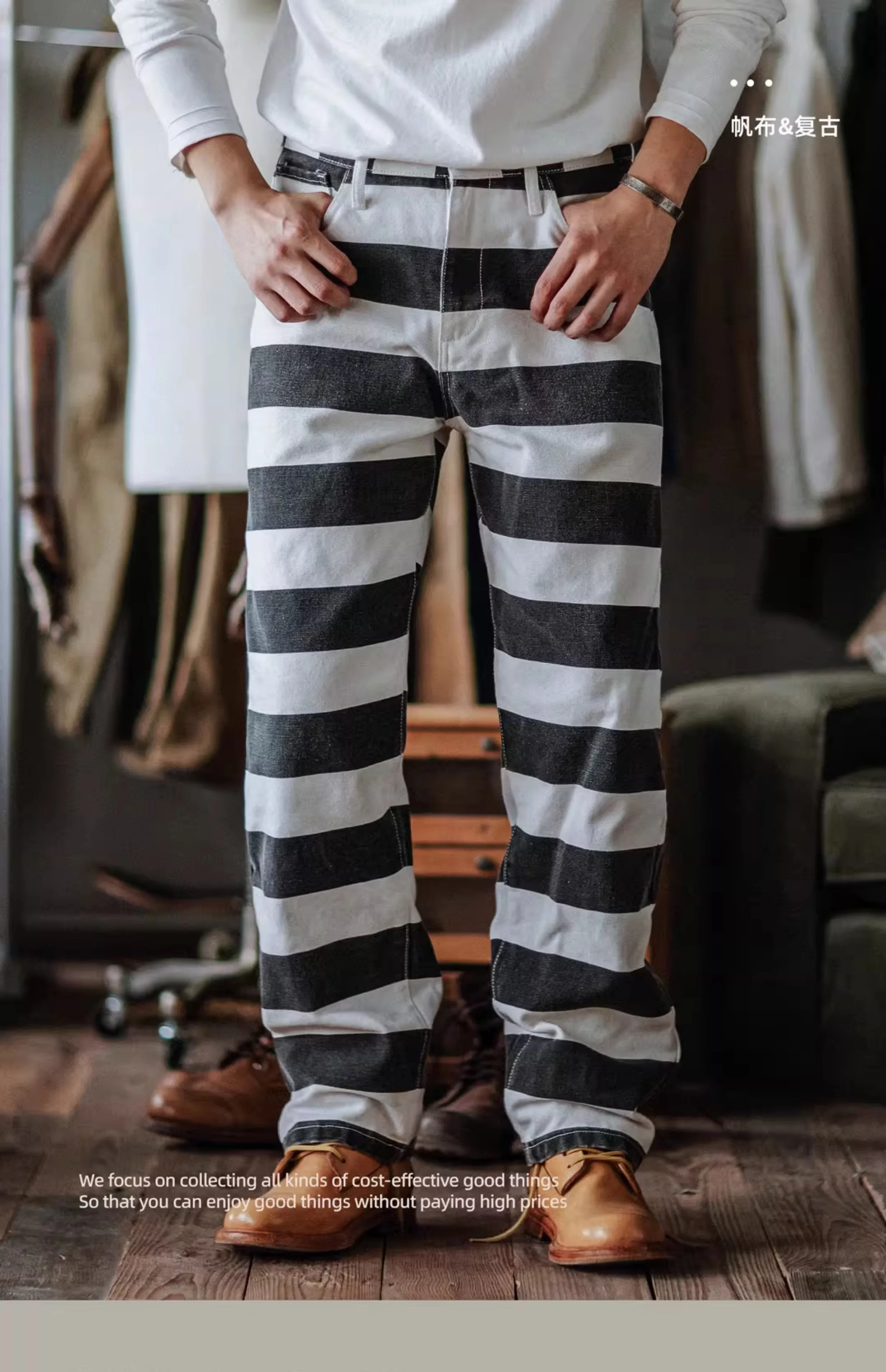 2025 Autumn New American Retro Heavyweight Canvas Black White Stripes Men's Motorcycle Pants Straight Washed Cargo Trousers