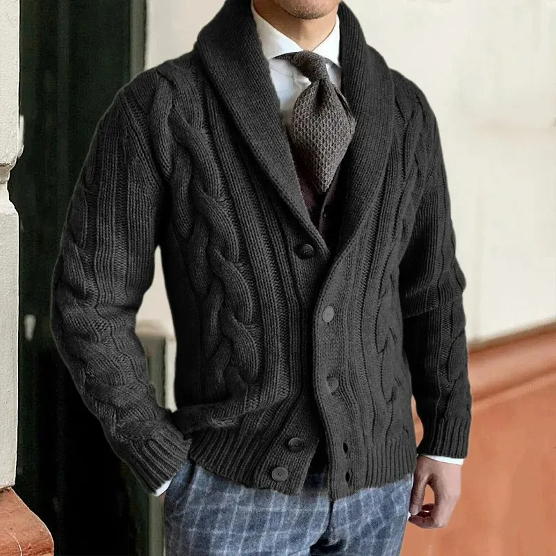 KIDWHXR Autumn Winter Men Knitted Sweaters Lapel Long Sleeve Button-up Man Cardigans Business Casual Solid Vintage Male Coats