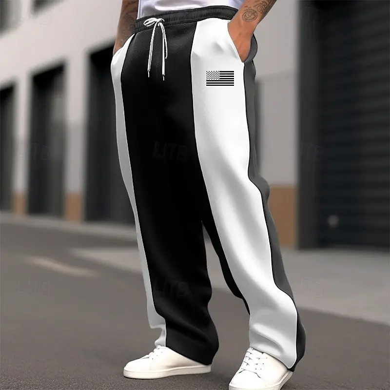 Men's straight-leg pants with a relaxed fit and simple stripe print. Casual wide-leg style. Suitable for teens and adults.