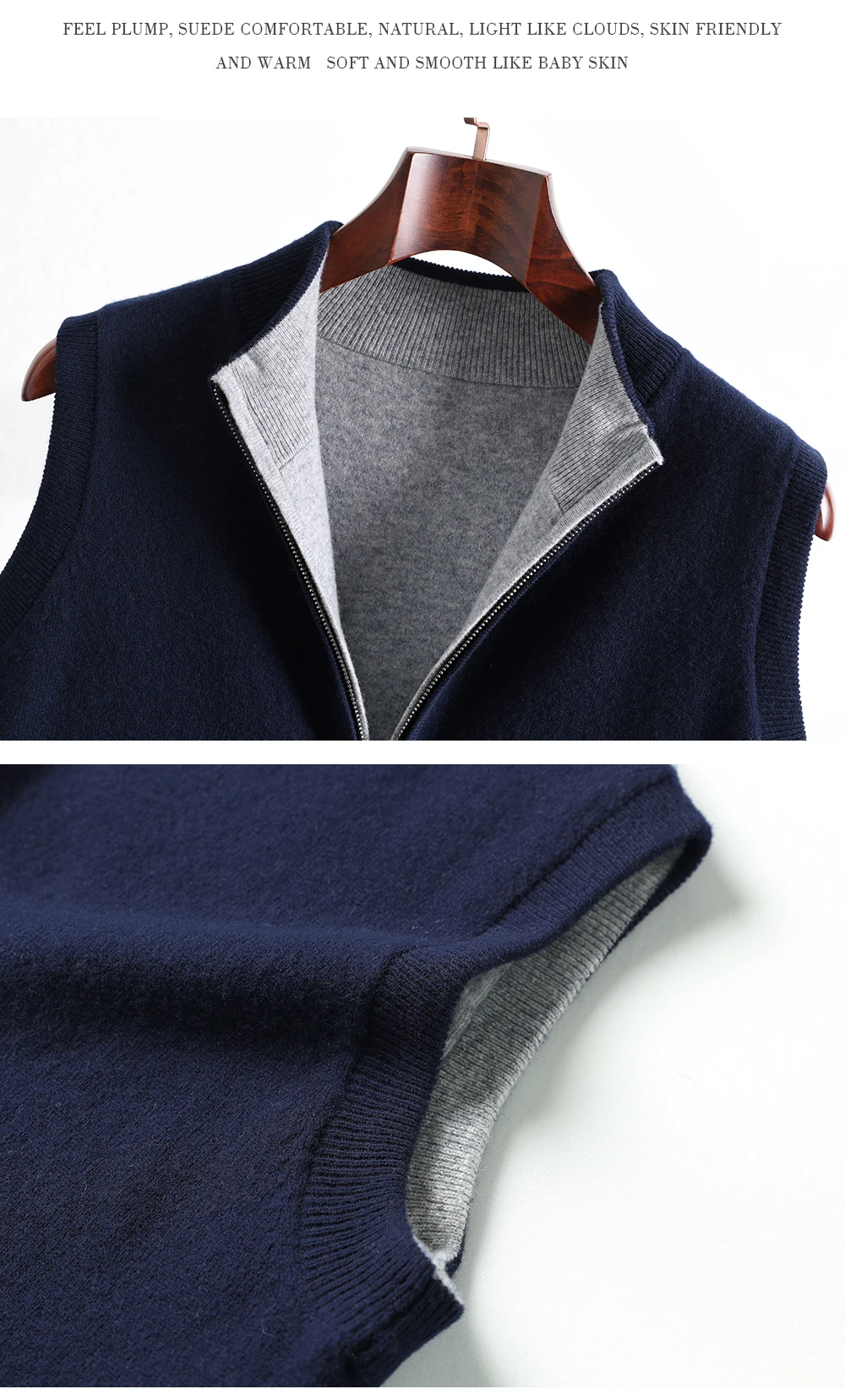 Autumn And Winter New Double-Sided Vest Men's 100% Pure Wool Knitted Vest Loose Semi-High Collar Zipper Cardigan