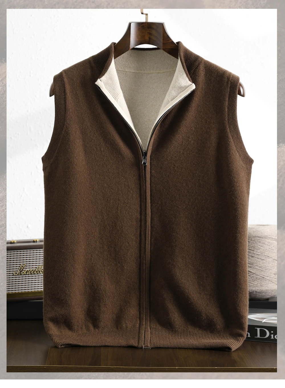 Autumn And Winter New Double-Sided Vest Men's 100% Pure Wool Knitted Vest Loose Semi-High Collar Zipper Cardigan