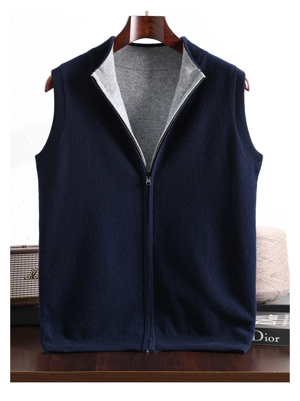 Autumn And Winter New Double-Sided Vest Men's 100% Pure Wool Knitted Vest Loose Semi-High Collar Zipper Cardigan