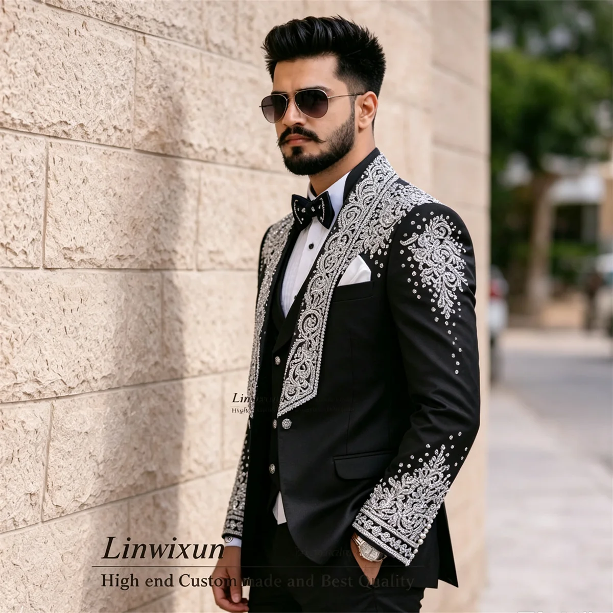 High End Jewelry Diamond Men Suits Customized Slim Fit Groom Party Male Prom Blazers 3 Pieces Sets Wedding Party ropa hombre