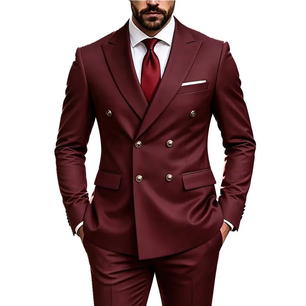 Men's Peak Lapel Double Breasted Golden Button Flap Pocket Business Commute Suit Men Trending Luxury Formal Slim Fit Groom Suit