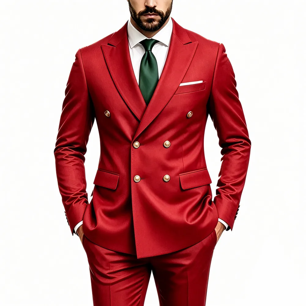 Men's Peak Lapel Double Breasted Golden Button Flap Pocket Business Commute Suit Men Trending Luxury Formal Slim Fit Groom Suit