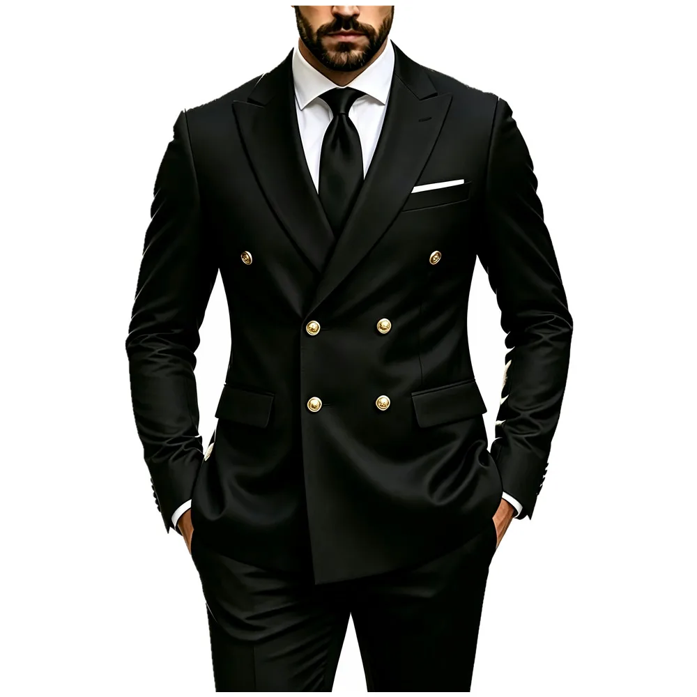 Men's Peak Lapel Double Breasted Golden Button Flap Pocket Business Commute Suit Men Trending Luxury Formal Slim Fit Groom Suit