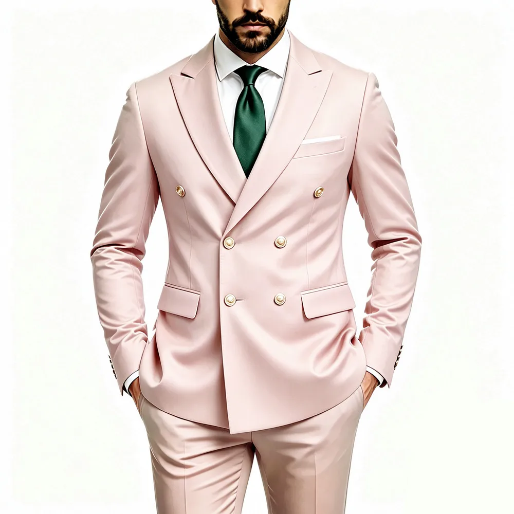 Men's Peak Lapel Double Breasted Golden Button Flap Pocket Business Commute Suit Men Trending Luxury Formal Slim Fit Groom Suit