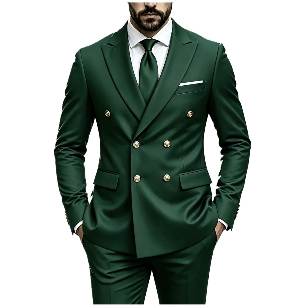 Men's Peak Lapel Double Breasted Golden Button Flap Pocket Business Commute Suit Men Trending Luxury Formal Slim Fit Groom Suit