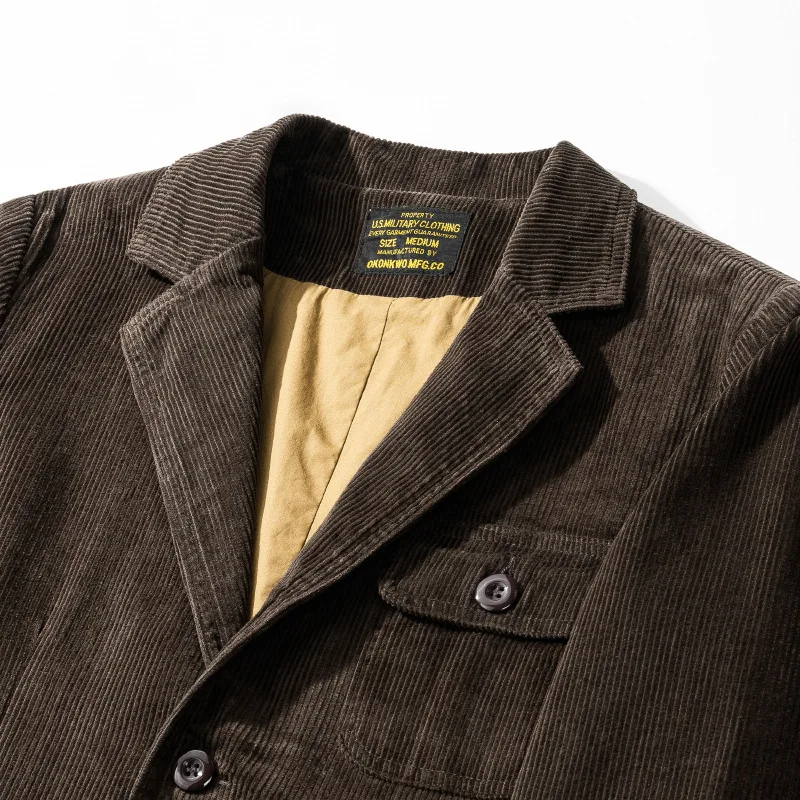 100% Cotton Corduroy Blazer for Men America Style Good Quality Jacket Multi-pocket Business Casual Solid Color Simple Basic Coat