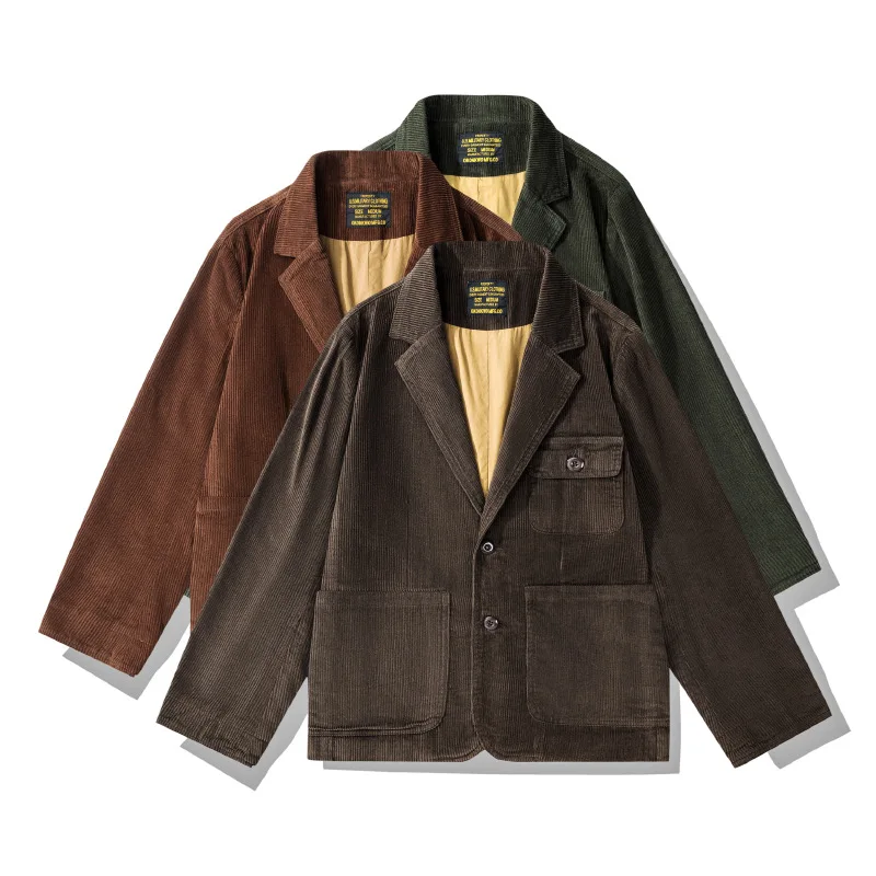 100% Cotton Corduroy Blazer for Men America Style Good Quality Jacket Multi-pocket Business Casual Solid Color Simple Basic Coat