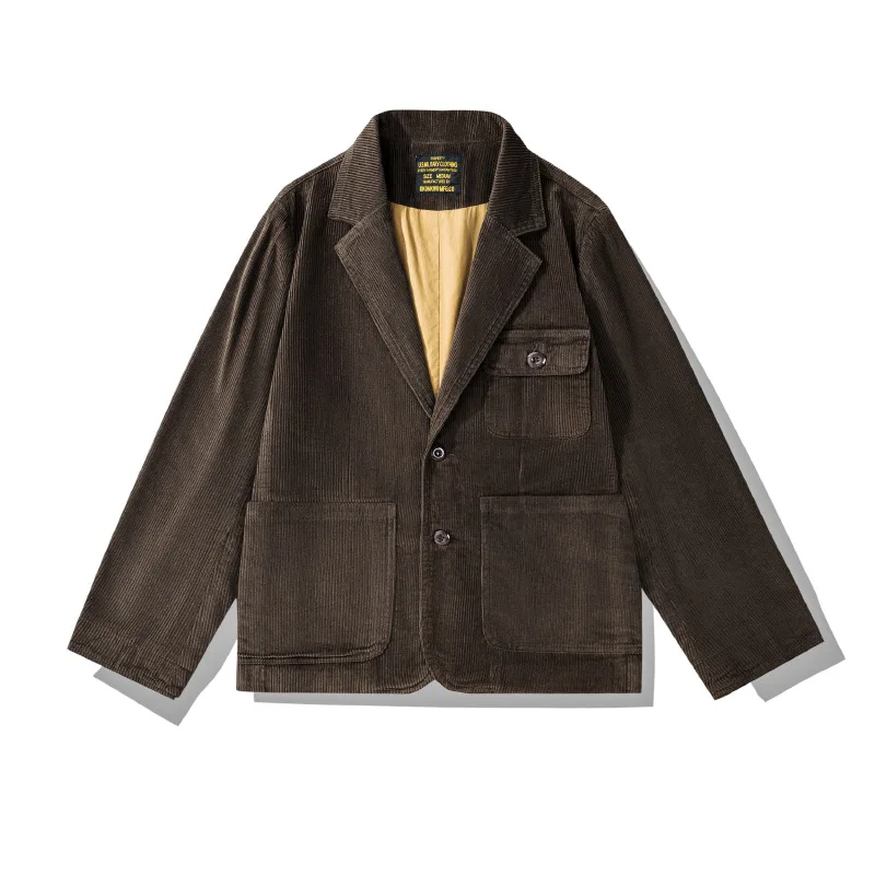 100% Cotton Corduroy Blazer for Men America Style Good Quality Jacket Multi-pocket Business Casual Solid Color Simple Basic Coat