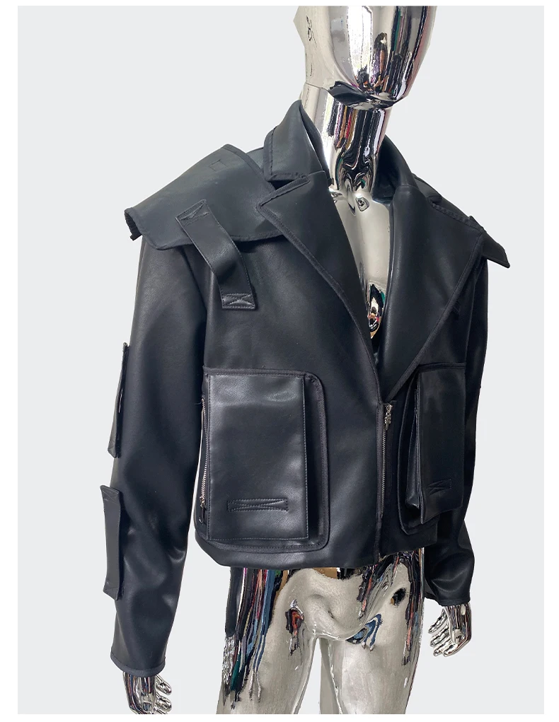 Nerazzurri Spring Autumn Cool Handsome Emo Hard Short Black Pu Leather Jacket Blazer Men with Three-dimensional Pockets Zipper