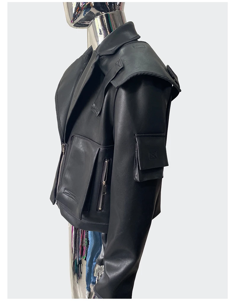 Nerazzurri Spring Autumn Cool Handsome Emo Hard Short Black Pu Leather Jacket Blazer Men with Three-dimensional Pockets Zipper