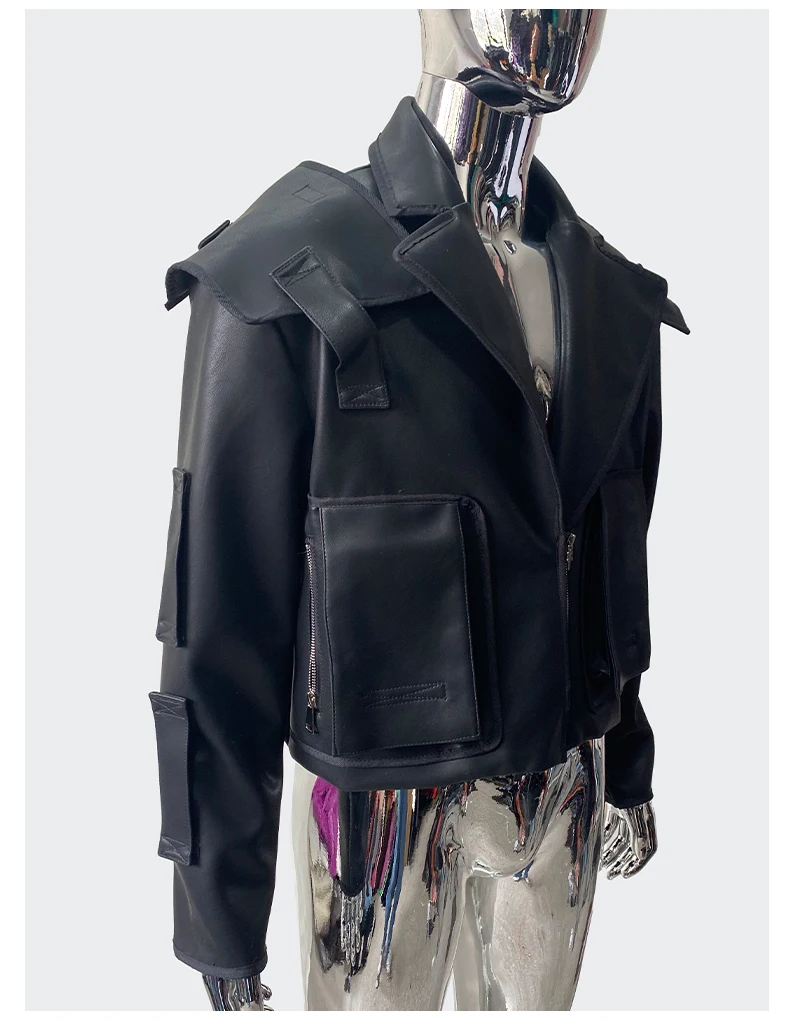 Nerazzurri Spring Autumn Cool Handsome Emo Hard Short Black Pu Leather Jacket Blazer Men with Three-dimensional Pockets Zipper