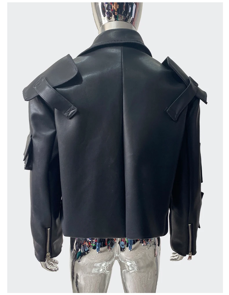 Nerazzurri Spring Autumn Cool Handsome Emo Hard Short Black Pu Leather Jacket Blazer Men with Three-dimensional Pockets Zipper