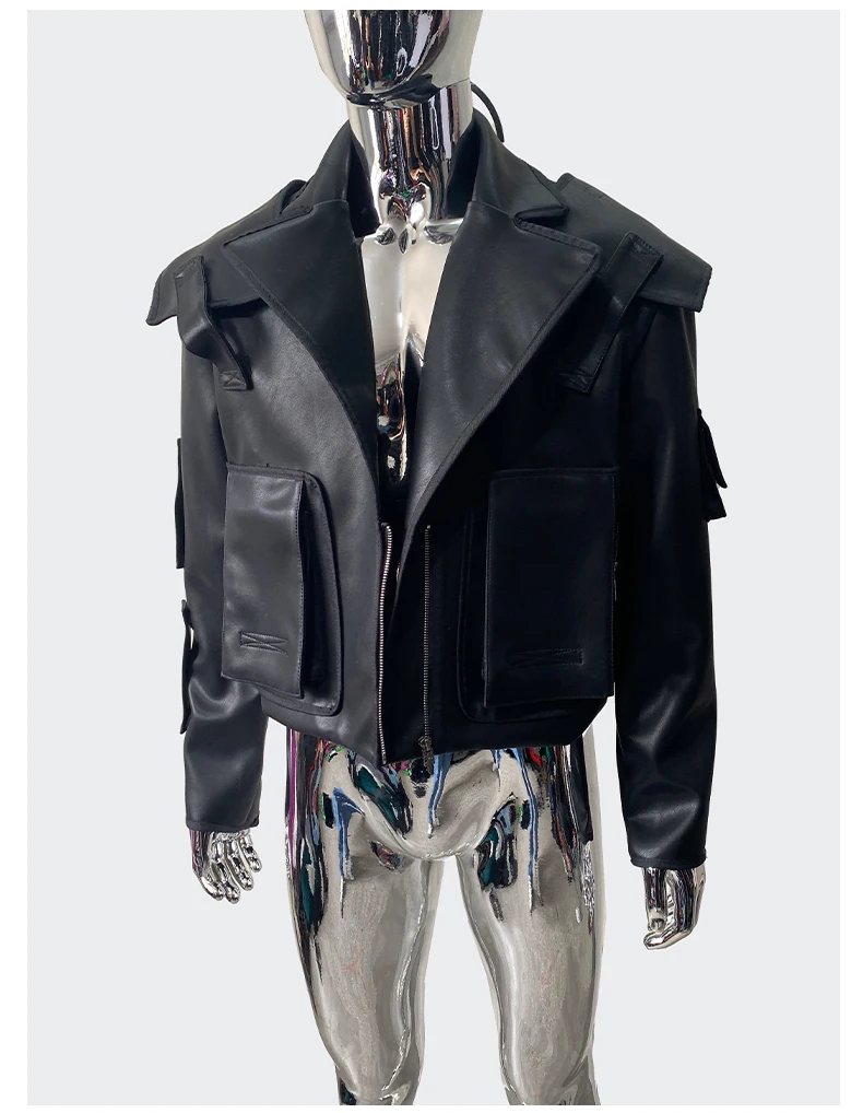 Nerazzurri Spring Autumn Cool Handsome Emo Hard Short Black Pu Leather Jacket Blazer Men with Three-dimensional Pockets Zipper