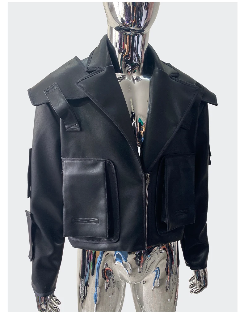 Nerazzurri Spring Autumn Cool Handsome Emo Hard Short Black Pu Leather Jacket Blazer Men with Three-dimensional Pockets Zipper
