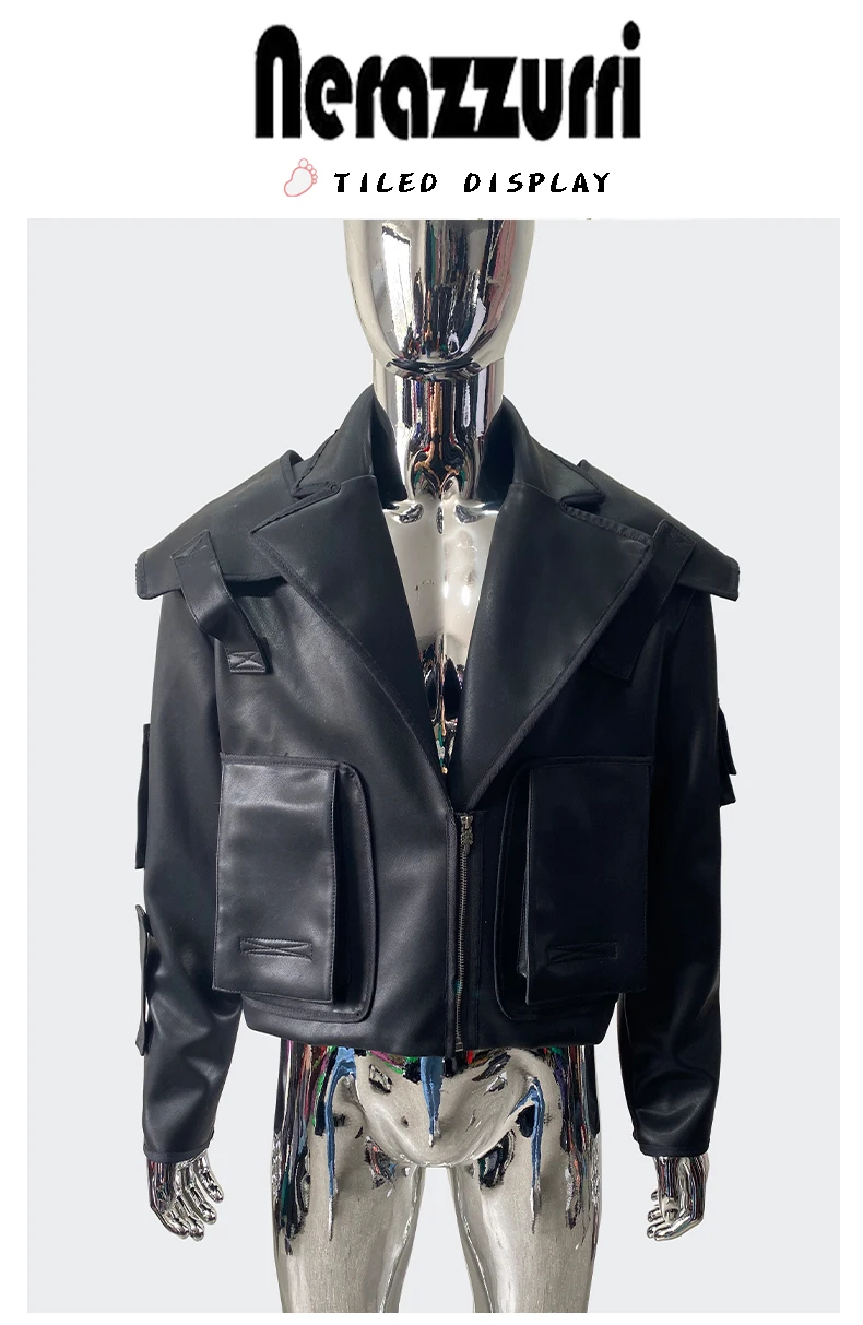 Nerazzurri Spring Autumn Cool Handsome Emo Hard Short Black Pu Leather Jacket Blazer Men with Three-dimensional Pockets Zipper
