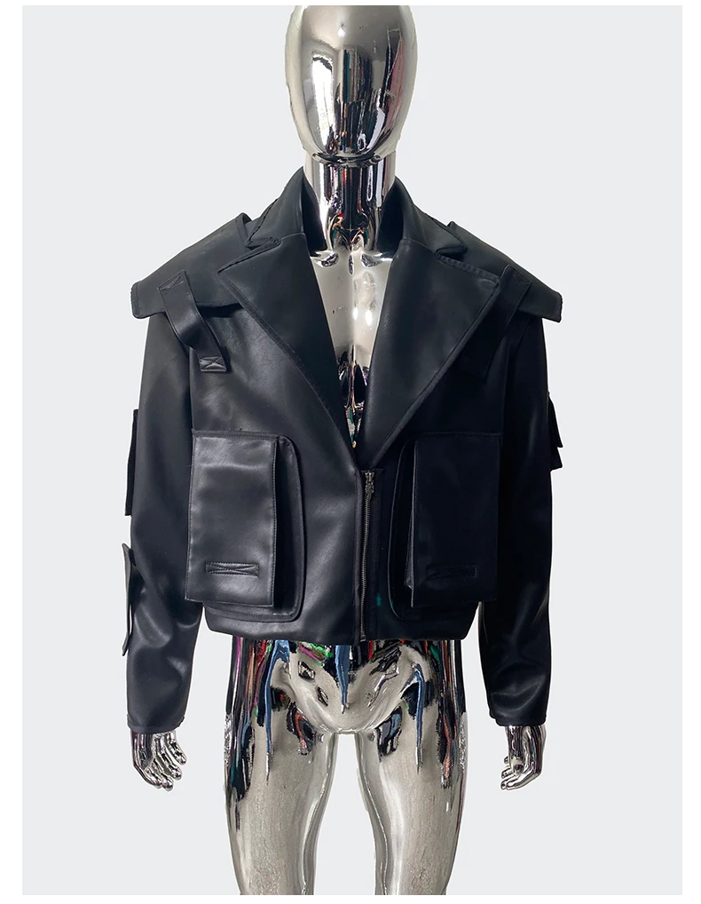 Nerazzurri Spring Autumn Cool Handsome Emo Hard Short Black Pu Leather Jacket Blazer Men with Three-dimensional Pockets Zipper