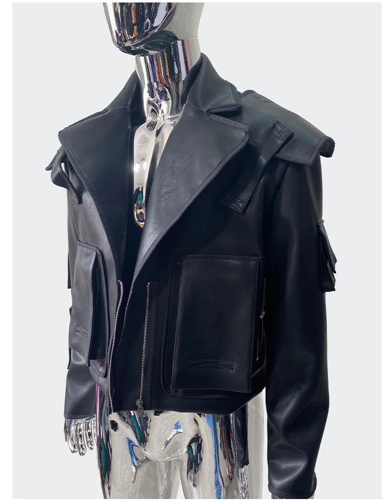 Nerazzurri Spring Autumn Cool Handsome Emo Hard Short Black Pu Leather Jacket Blazer Men with Three-dimensional Pockets Zipper