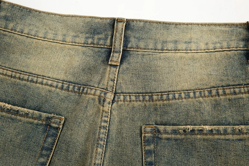 Vintage Oversized Split Deconstructed Men Wide Jeans Baggy Yellow Mud Dyed Washed Denim Jeans Cat Whisker Straight Denim Pant