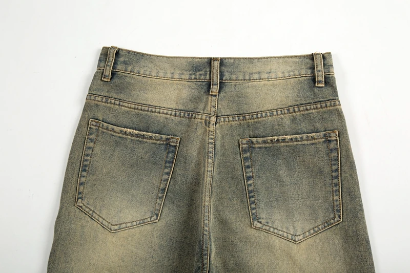 Vintage Oversized Split Deconstructed Men Wide Jeans Baggy Yellow Mud Dyed Washed Denim Jeans Cat Whisker Straight Denim Pant