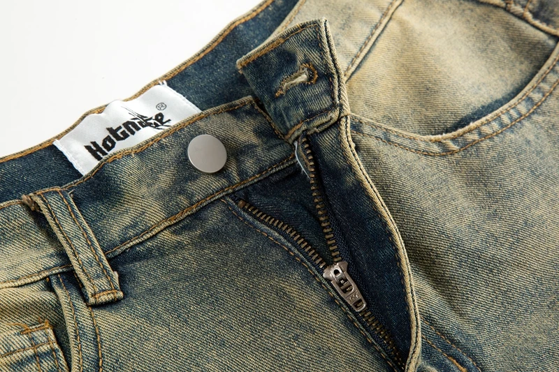 Vintage Oversized Split Deconstructed Men Wide Jeans Baggy Yellow Mud Dyed Washed Denim Jeans Cat Whisker Straight Denim Pant