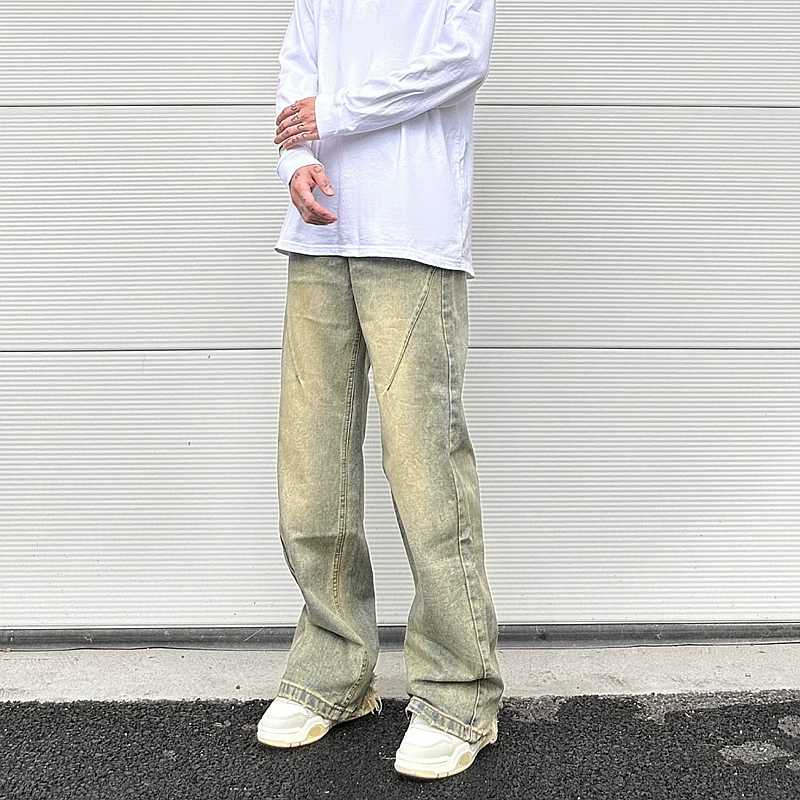 Vintage Oversized Split Deconstructed Men Wide Jeans Baggy Yellow Mud Dyed Washed Denim Jeans Cat Whisker Straight Denim Pant