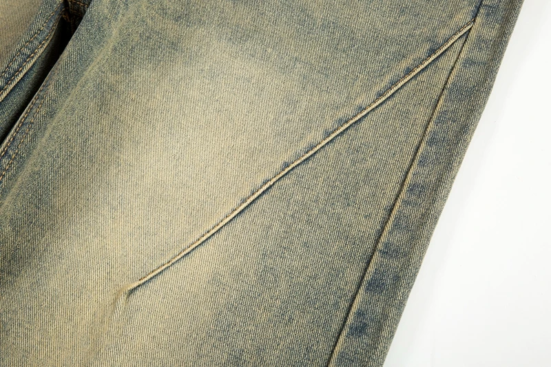 Vintage Oversized Split Deconstructed Men Wide Jeans Baggy Yellow Mud Dyed Washed Denim Jeans Cat Whisker Straight Denim Pant