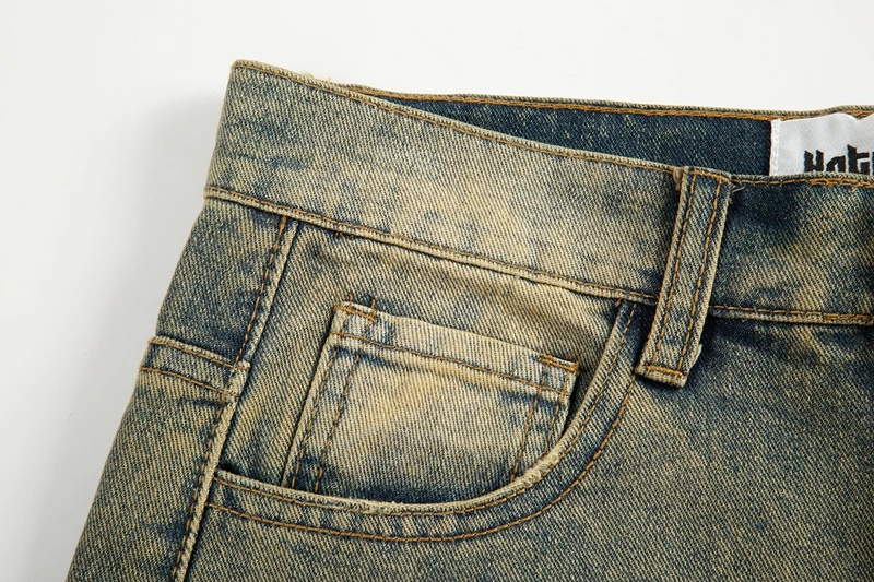 Vintage Oversized Split Deconstructed Men Wide Jeans Baggy Yellow Mud Dyed Washed Denim Jeans Cat Whisker Straight Denim Pant