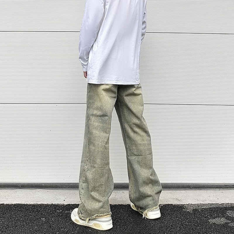 Vintage Oversized Split Deconstructed Men Wide Jeans Baggy Yellow Mud Dyed Washed Denim Jeans Cat Whisker Straight Denim Pant