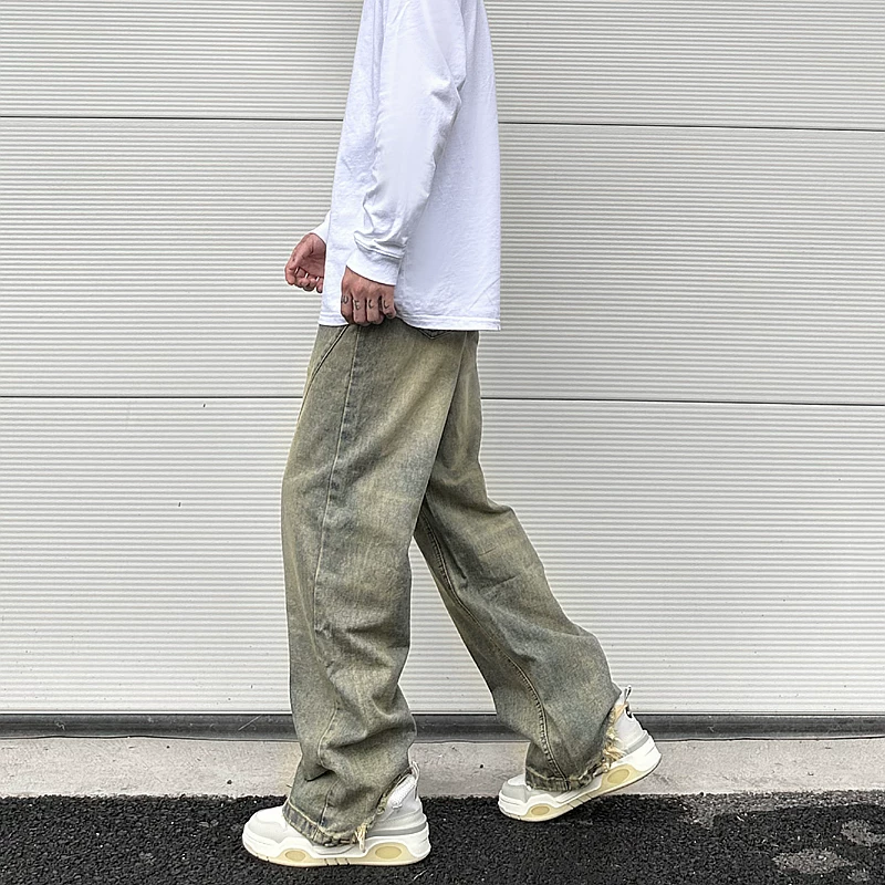 Vintage Oversized Split Deconstructed Men Wide Jeans Baggy Yellow Mud Dyed Washed Denim Jeans Cat Whisker Straight Denim Pant