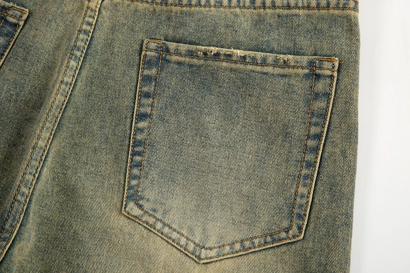Vintage Oversized Split Deconstructed Men Wide Jeans Baggy Yellow Mud Dyed Washed Denim Jeans Cat Whisker Straight Denim Pant