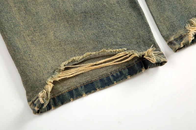 Vintage Oversized Split Deconstructed Men Wide Jeans Baggy Yellow Mud Dyed Washed Denim Jeans Cat Whisker Straight Denim Pant