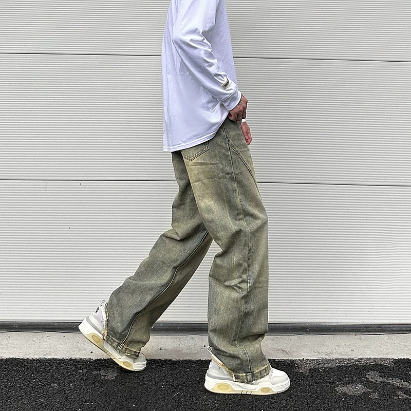 Vintage Oversized Split Deconstructed Men Wide Jeans Baggy Yellow Mud Dyed Washed Denim Jeans Cat Whisker Straight Denim Pant