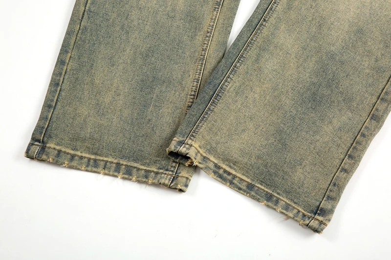 Vintage Oversized Split Deconstructed Men Wide Jeans Baggy Yellow Mud Dyed Washed Denim Jeans Cat Whisker Straight Denim Pant