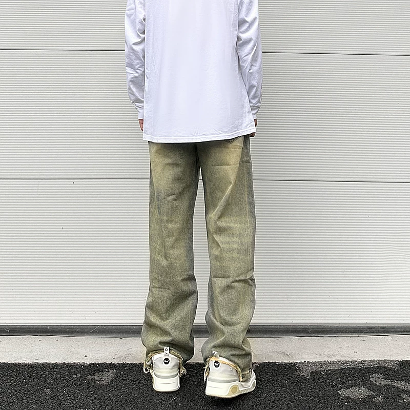 Vintage Oversized Split Deconstructed Men Wide Jeans Baggy Yellow Mud Dyed Washed Denim Jeans Cat Whisker Straight Denim Pant