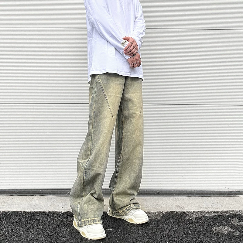 Vintage Oversized Split Deconstructed Men Wide Jeans Baggy Yellow Mud Dyed Washed Denim Jeans Cat Whisker Straight Denim Pant