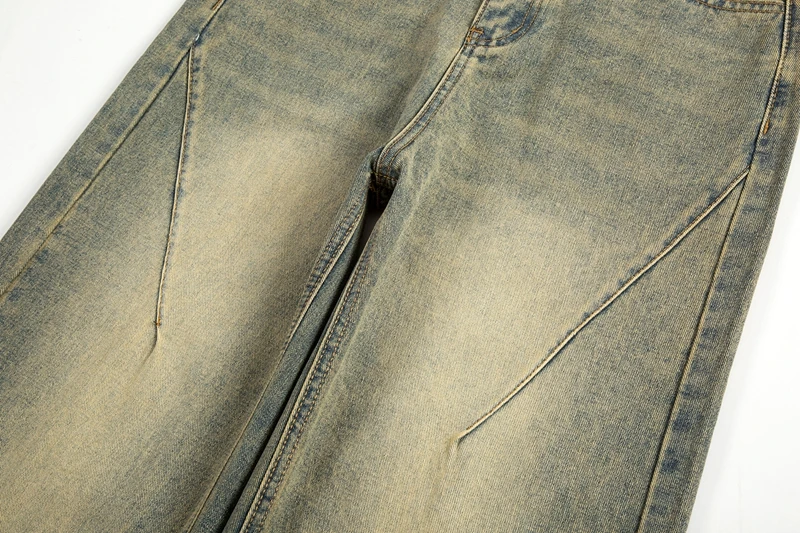 Vintage Oversized Split Deconstructed Men Wide Jeans Baggy Yellow Mud Dyed Washed Denim Jeans Cat Whisker Straight Denim Pant