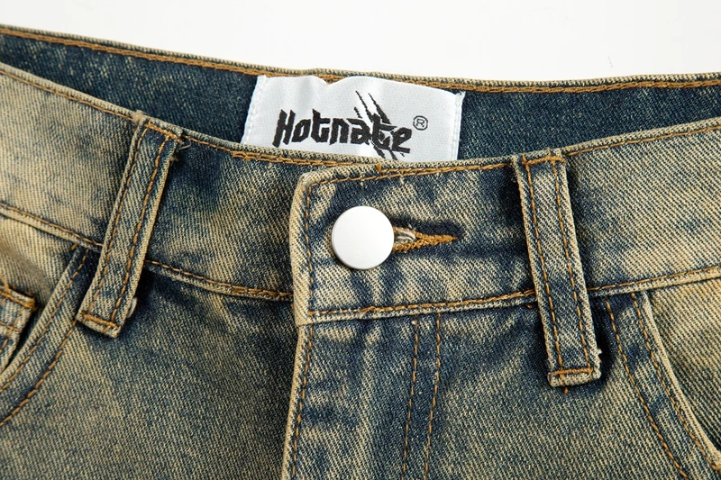 Vintage Oversized Split Deconstructed Men Wide Jeans Baggy Yellow Mud Dyed Washed Denim Jeans Cat Whisker Straight Denim Pant